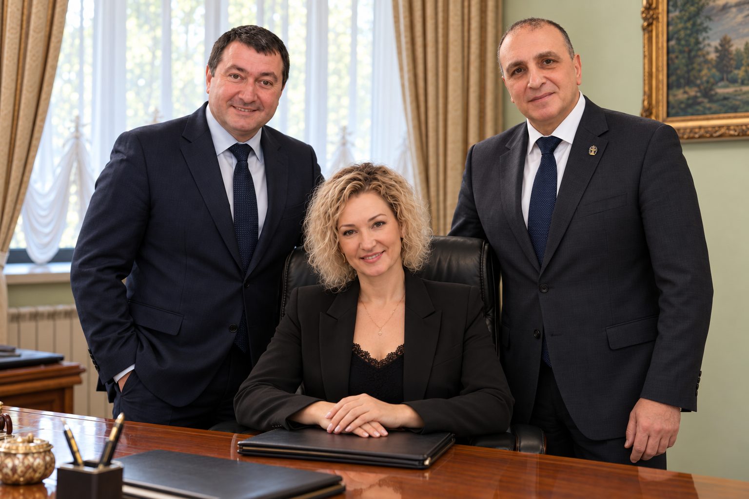 Our team: Yulia Leonova seated, with Svyatoslav Rogov and Levon Petrosyan